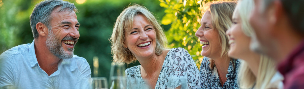 Women and men over 50 laughing together at a get-together in the garden